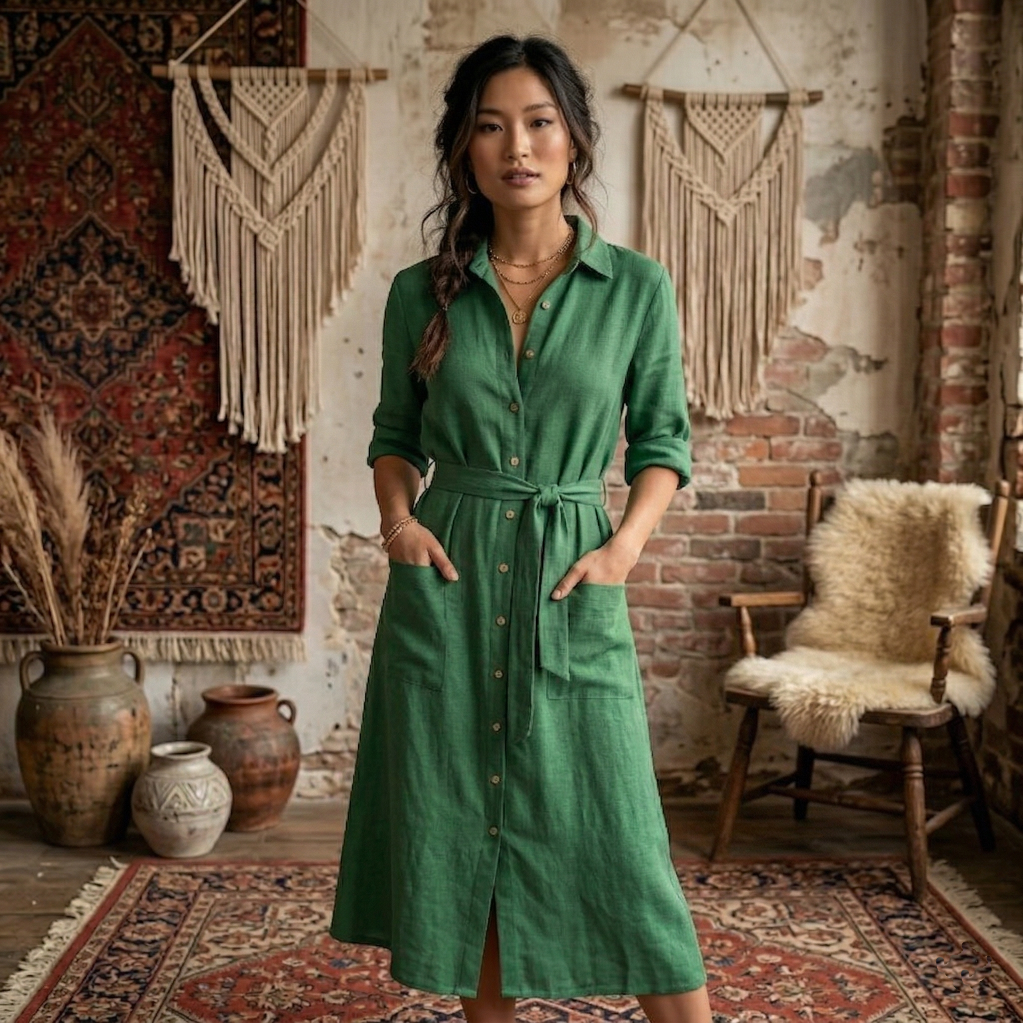 The Forest Green Organic Linen Shirt Dress